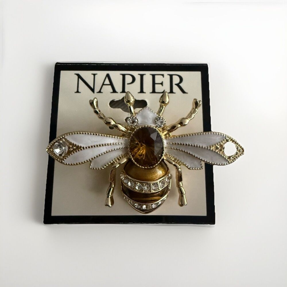 NAPIER Bumble Bee Brooch Pin Crystal Enamel Gold Tone Summer Bumble Bee New